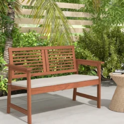 Holz Gartenbank mit Kissen & Rückenlehne 2-Sitzer Parkbank Sitzbank 111 x 62,5 x 81 cm für Terrasse