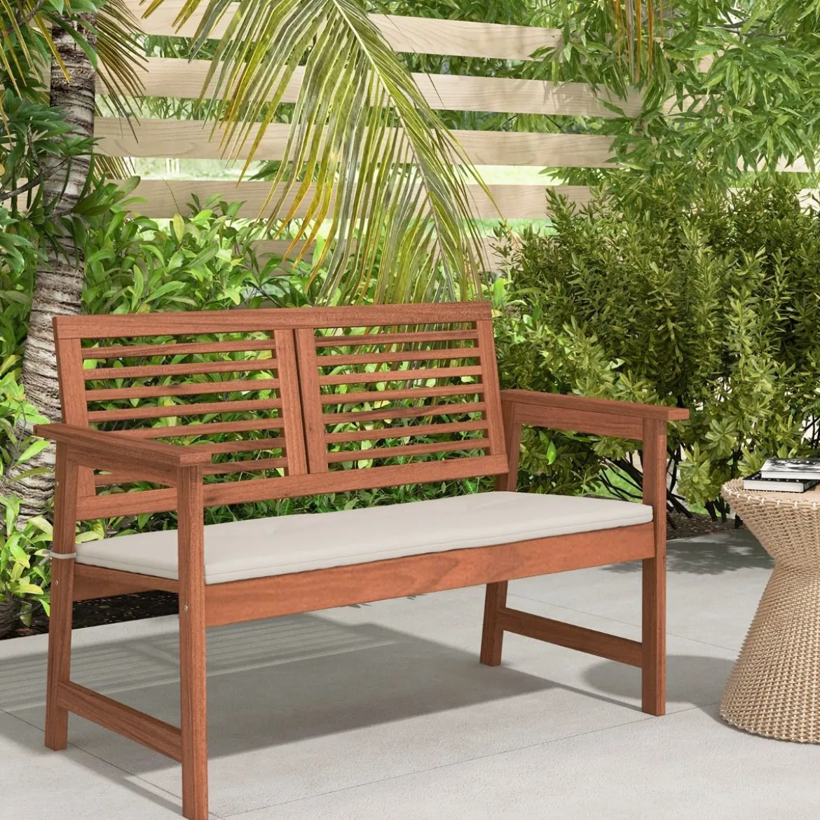 Holz Gartenbank mit Kissen & Rückenlehne 2-Sitzer Parkbank Sitzbank 111 x 62,5 x 81 cm für Terrasse