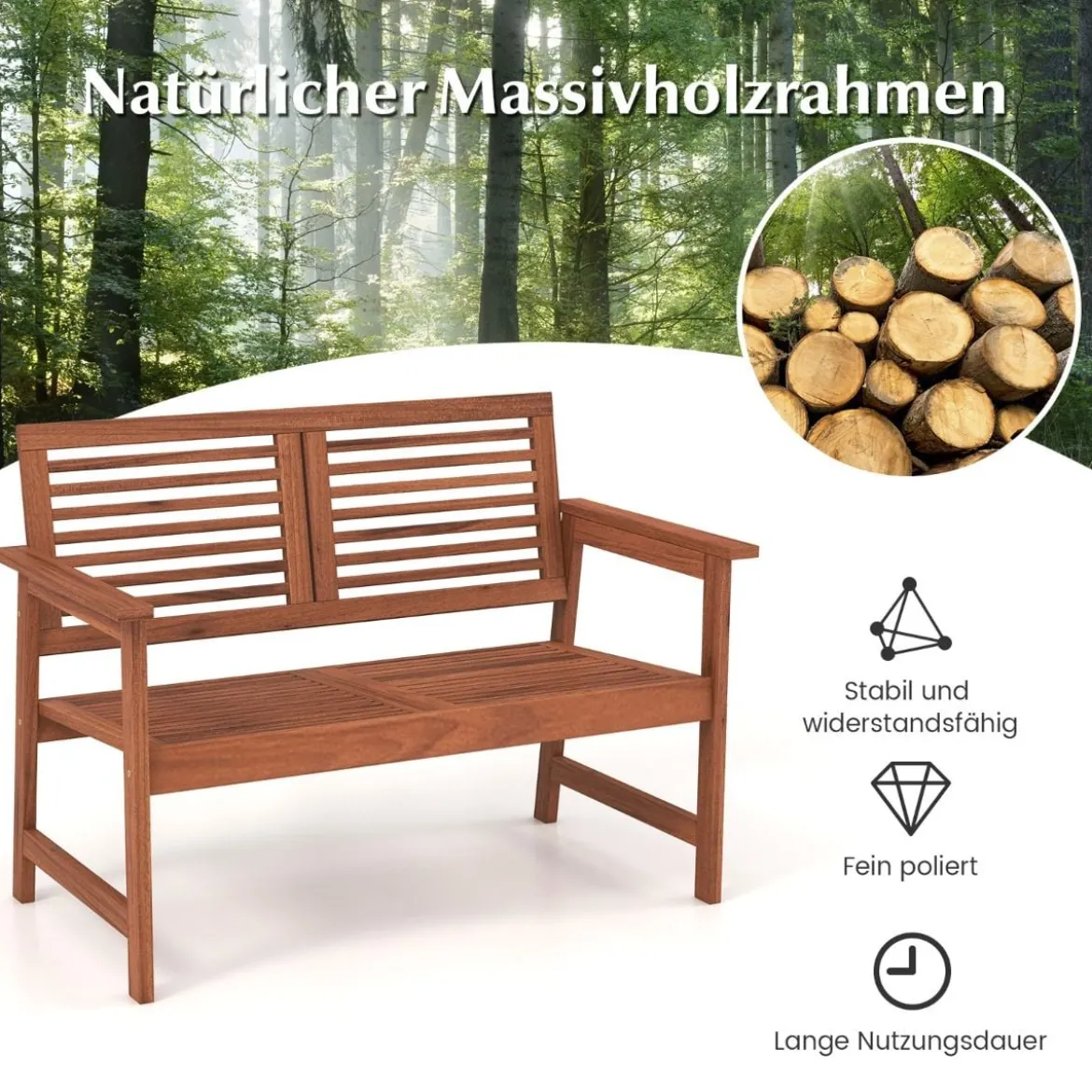 Holz Gartenbank mit Kissen & Rückenlehne 2-Sitzer Parkbank Sitzbank 111 x 62,5 x 81 cm für Terrasse