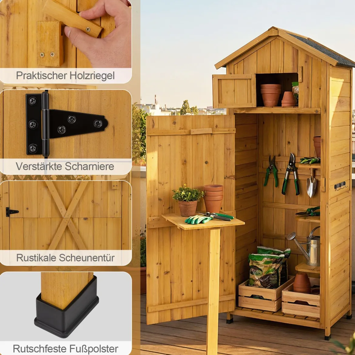 Holz Gartenschrank mit Abschließbarer Scheunentür & Klappbarer Seitentisch & Herausnehmbare Regale