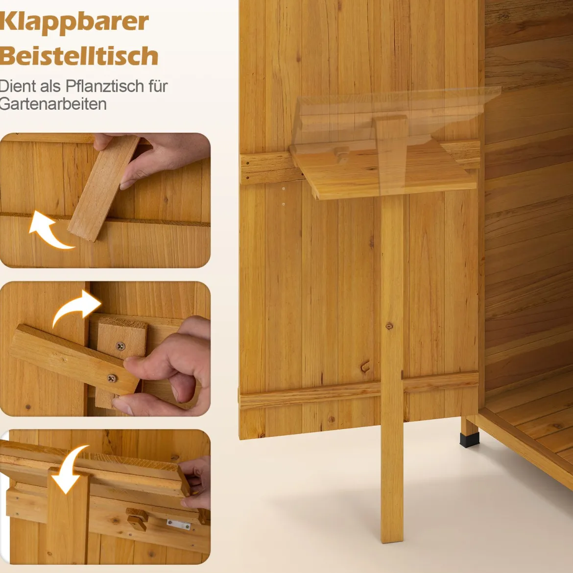 Holz Gartenschrank mit Abschließbarer Scheunentür & Klappbarer Seitentisch & Herausnehmbare Regale