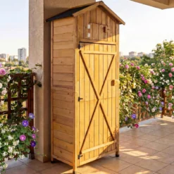 Holz Gartenschrank mit Abschließbarer Scheunentür & Klappbarer Seitentisch & Herausnehmbare Regale