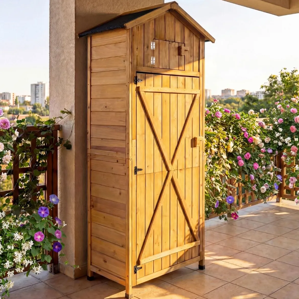 Holz Gartenschrank mit Abschließbarer Scheunentür & Klappbarer Seitentisch & Herausnehmbare Regale