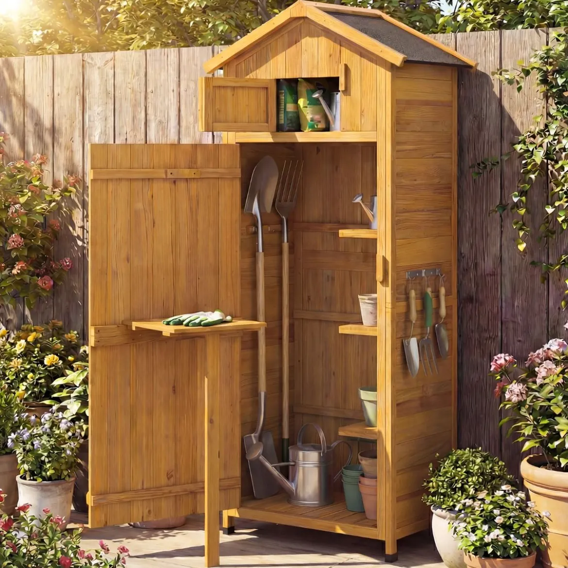 Holz Gartenschrank mit Abschließbarer Scheunentür & Klappbarer Seitentisch & Herausnehmbare Regale