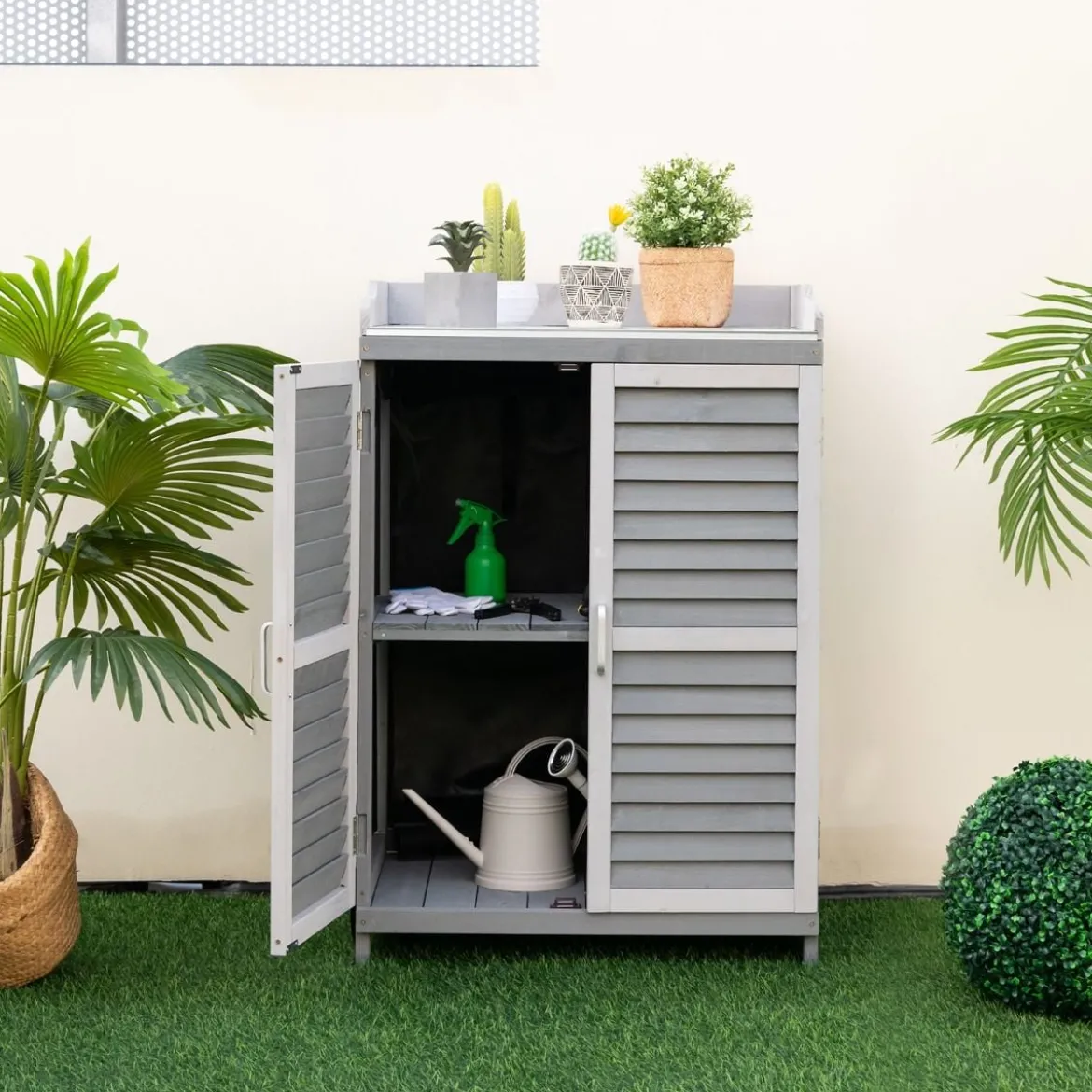Holz Gartenschrank mit Metall-Platte & 2 Lagerregalen & aufrollbaren Türen Grau