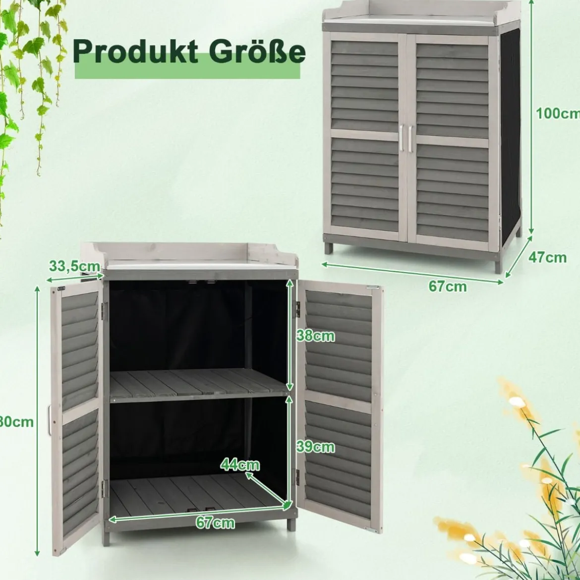 Holz Gartenschrank mit Metall-Platte & 2 Lagerregalen & aufrollbaren Türen Grau