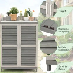 Holz Gartenschrank mit Metall-Platte & 2 Lagerregalen & aufrollbaren Türen Grau