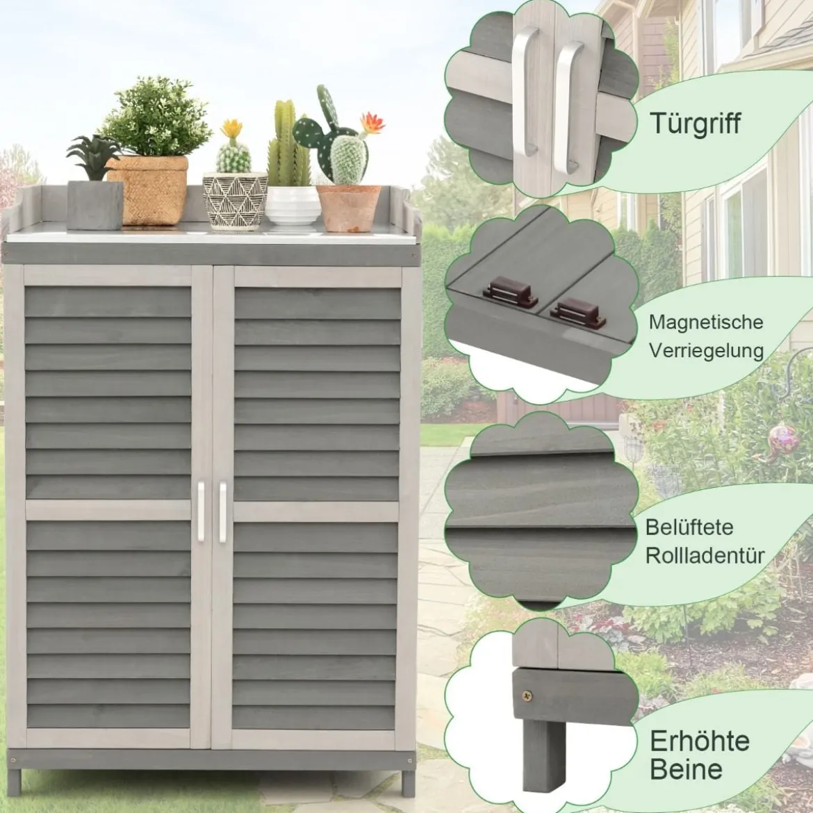 Holz Gartenschrank mit Metall-Platte & 2 Lagerregalen & aufrollbaren Türen Grau