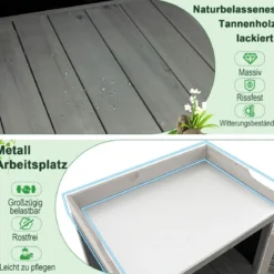 Holz Gartenschrank mit Metall-Platte & 2 Lagerregalen & aufrollbaren Türen Grau