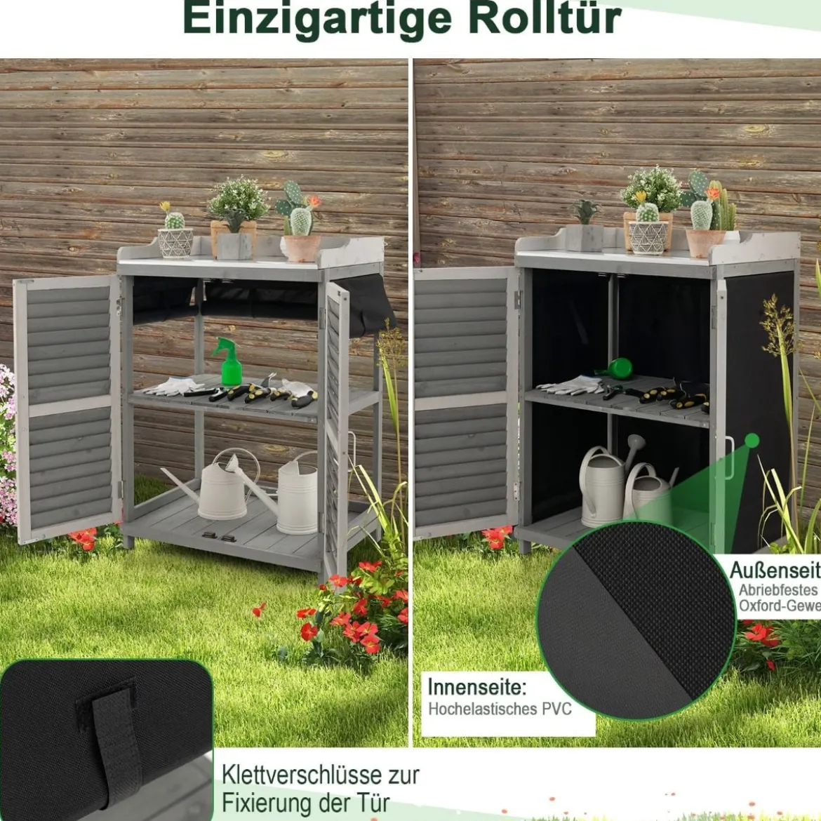 Holz Gartenschrank mit Metall-Platte & 2 Lagerregalen & aufrollbaren Türen Grau