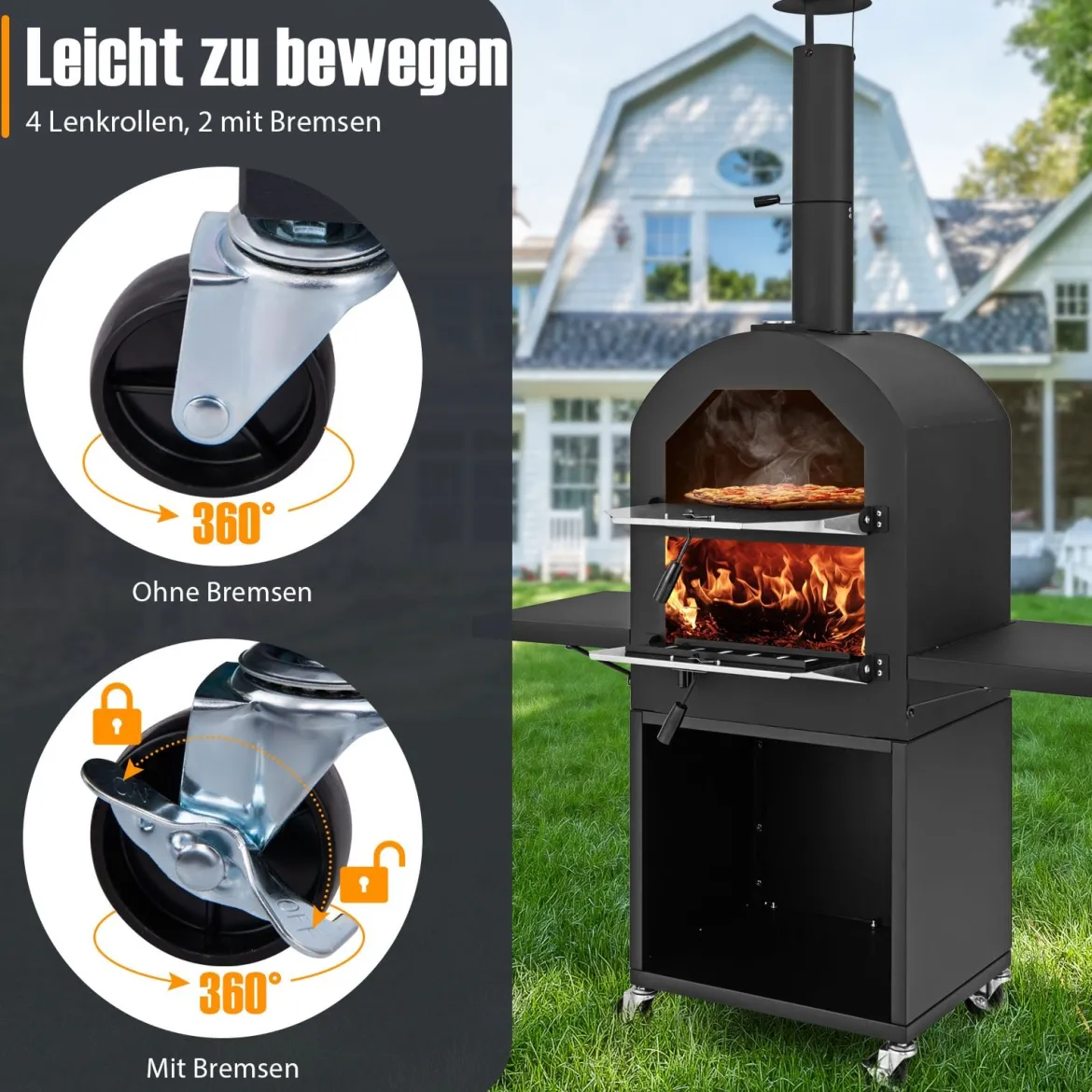 Holzgefeuerter Pizzaofen für den Außenbereich mit Schutzabdeckung 305 cm Pizzastein Pizzaschaufel & Grillrosten