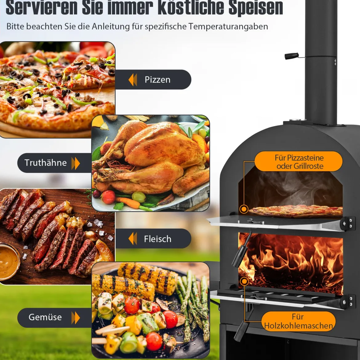 Holzgefeuerter Pizzaofen für den Außenbereich mit Schutzabdeckung 305 cm Pizzastein Pizzaschaufel & Grillrosten