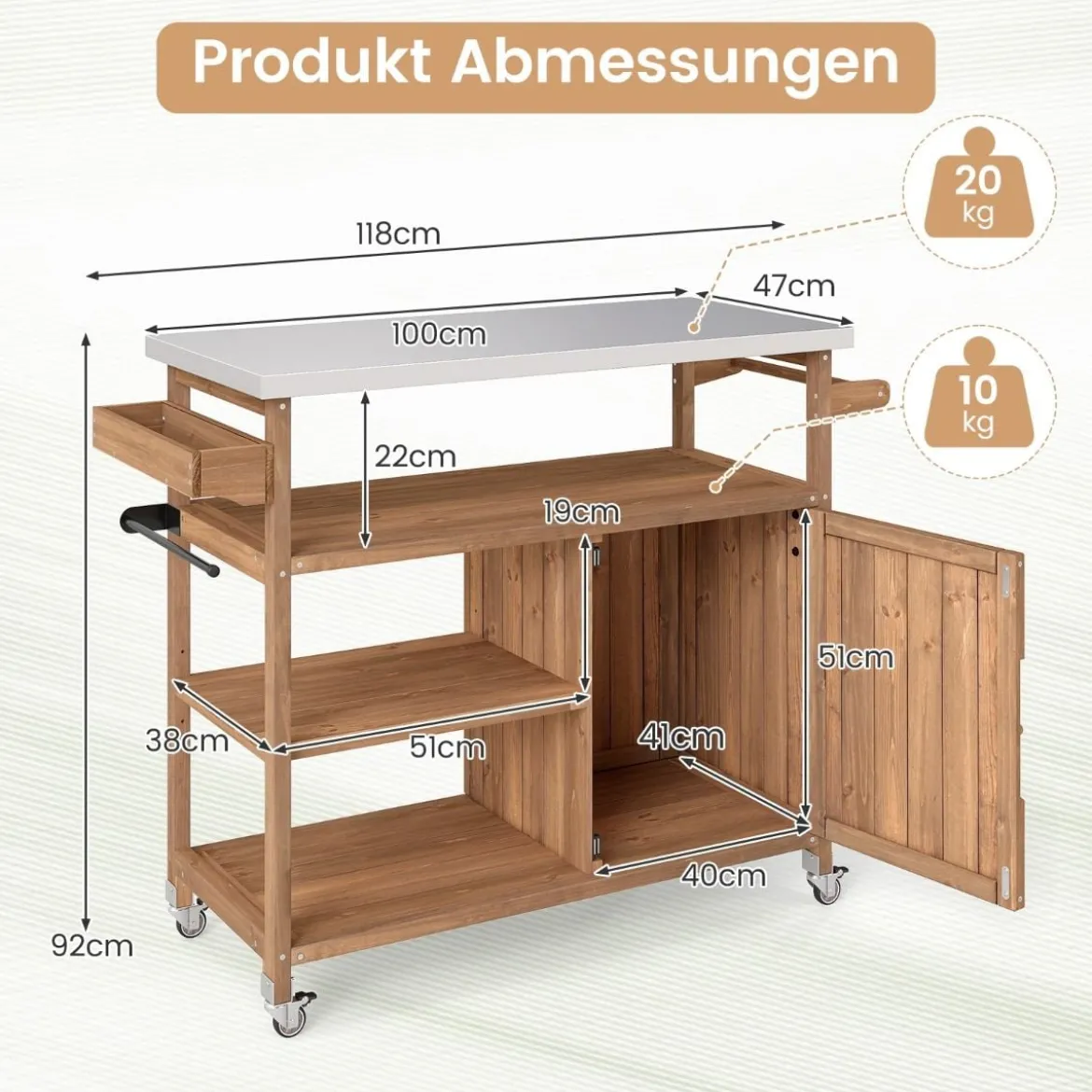 Holz-Grillwagen mit Stauraum Outdoor-Kücheninsel mit Edelstahlarbeitsplatte 3 offene Regalfächer Natur