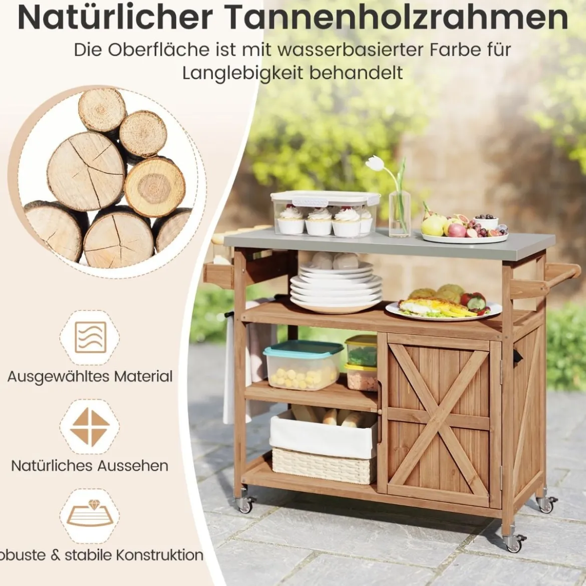 Holz-Grillwagen mit Stauraum Outdoor-Kücheninsel mit Edelstahlarbeitsplatte 3 offene Regalfächer Natur