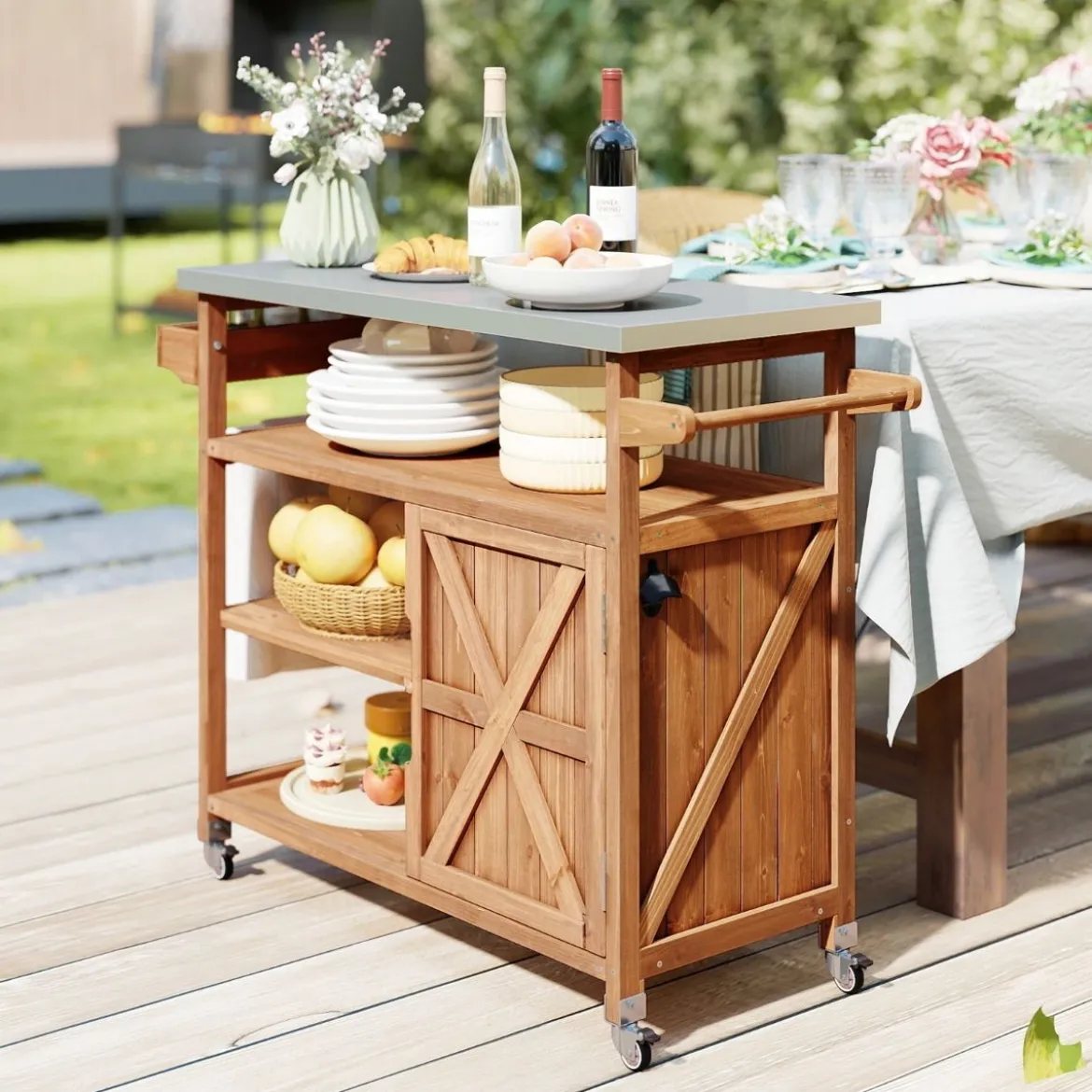 Holz-Grillwagen mit Stauraum Outdoor-Kücheninsel mit Edelstahlarbeitsplatte 3 offene Regalfächer Natur