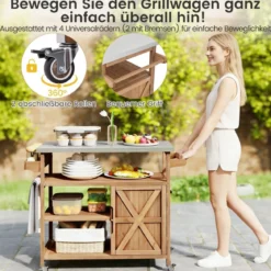 Holz-Grillwagen mit Stauraum Outdoor-Kücheninsel mit Edelstahlarbeitsplatte 3 offene Regalfächer Natur