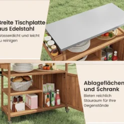 Holz-Grillwagen mit Stauraum Outdoor-Kücheninsel mit Edelstahlarbeitsplatte 3 offene Regalfächer Natur