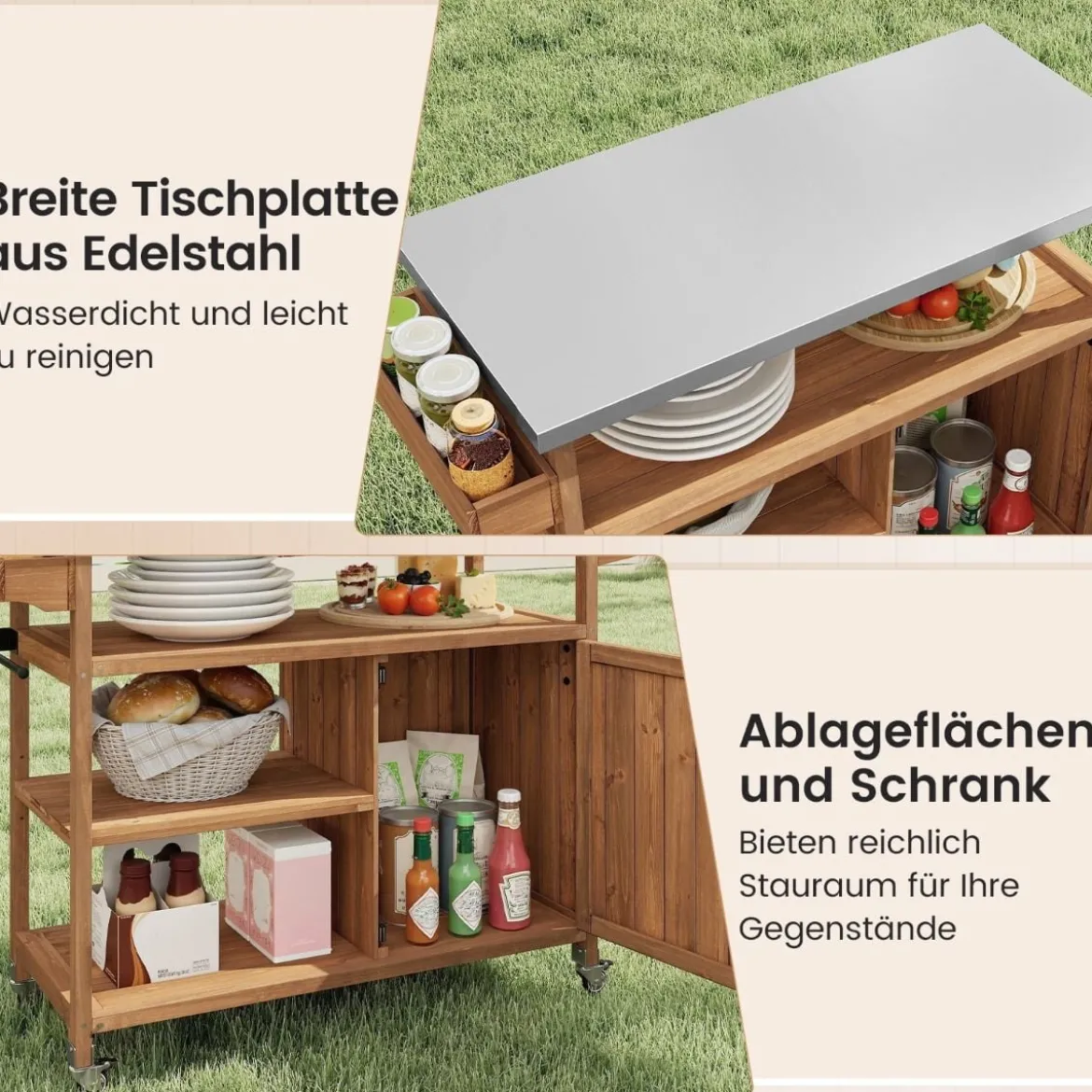 Holz-Grillwagen mit Stauraum Outdoor-Kücheninsel mit Edelstahlarbeitsplatte 3 offene Regalfächer Natur