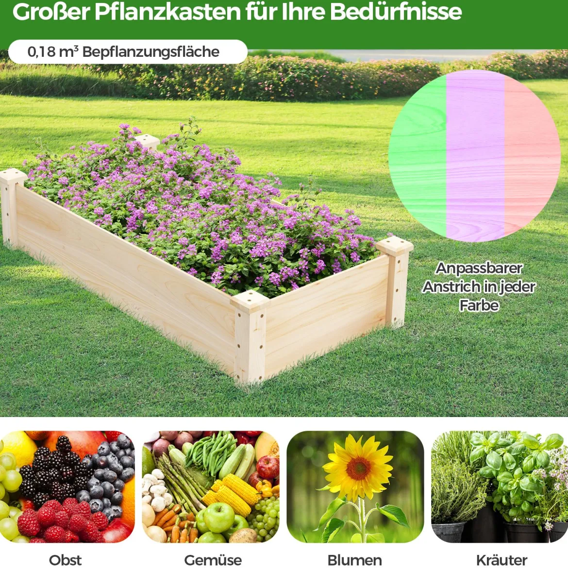 Holz Hochbeet Gartenbeet ohne Boden Kräuterbeet Blumenkasten Pflanzbeet Blumenbeet Natur