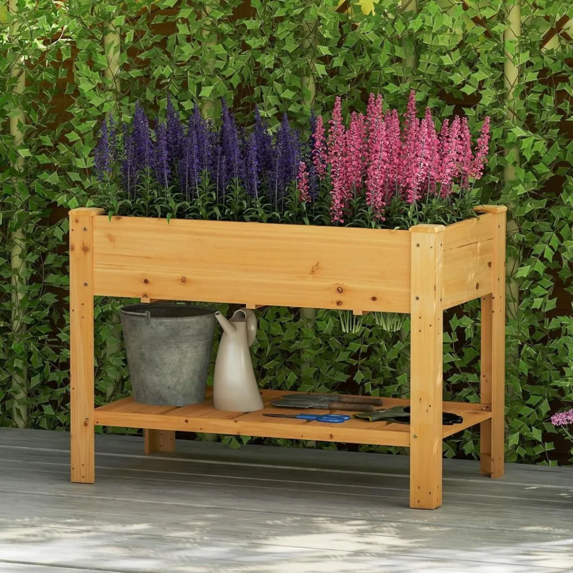 Holz Hochbeet mit Ablage & Entwässerungslöchern Erhöhtes Gartenbeet Pflanzkasten