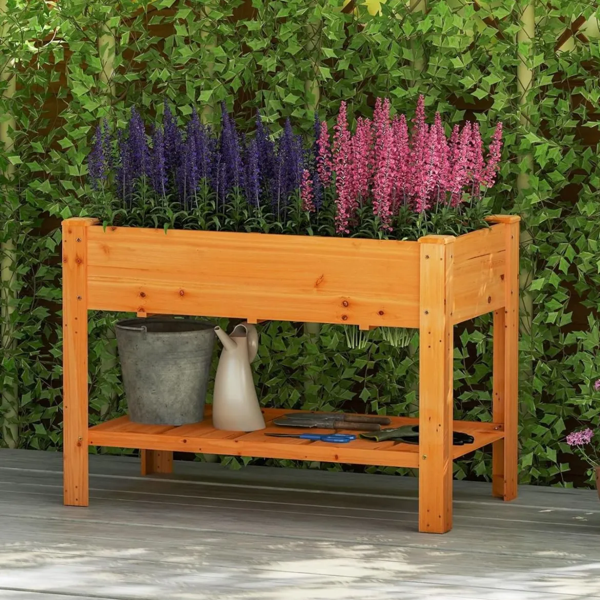 Holz Hochbeet mit Ablage & Entwässerungslöchern Erhöhtes Gartenbeet Pflanzkasten