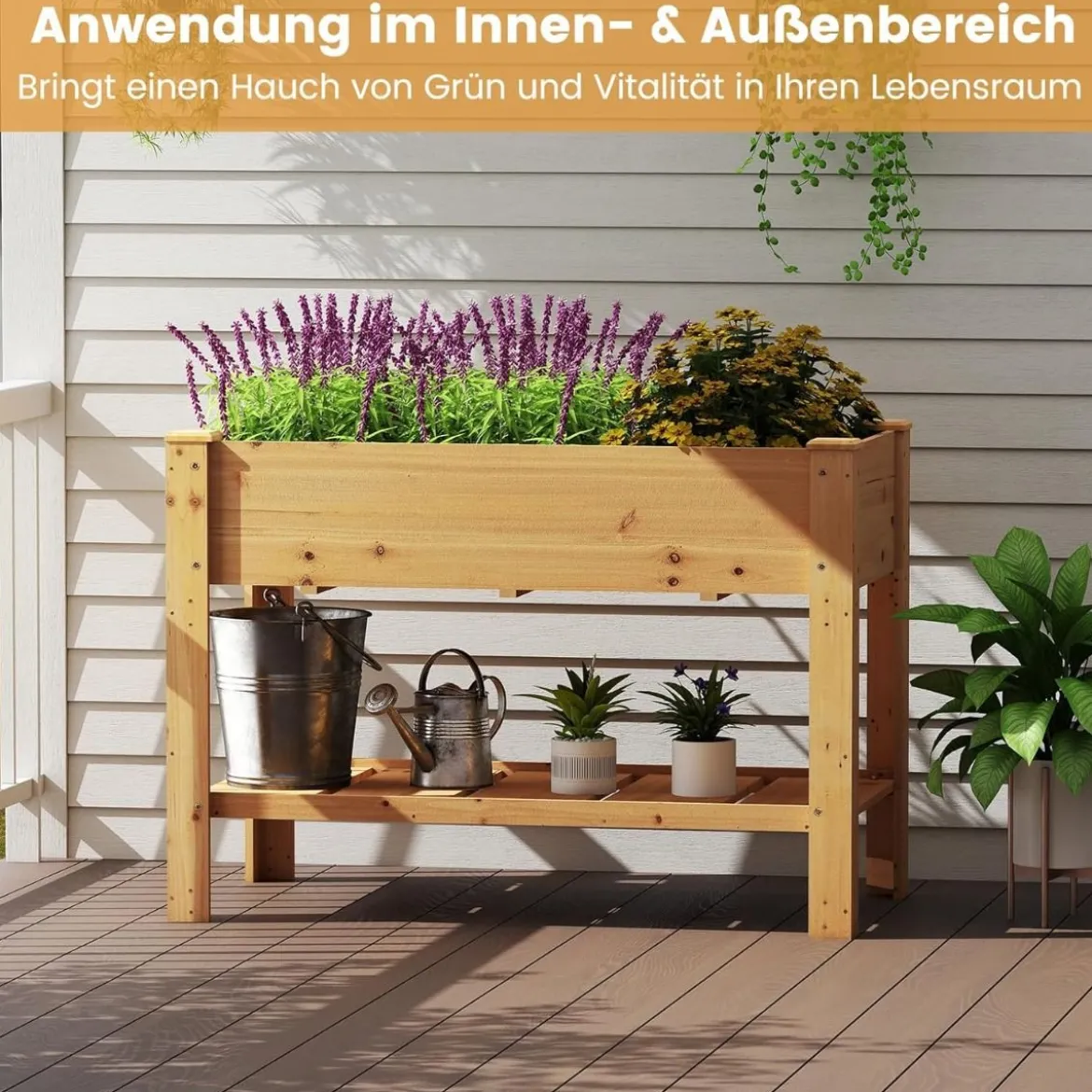 Holz Hochbeet mit Ablage & Entwässerungslöchern Erhöhtes Gartenbeet Pflanzkasten