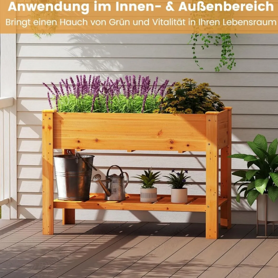 Holz Hochbeet mit Ablage & Entwässerungslöchern Erhöhtes Gartenbeet Pflanzkasten