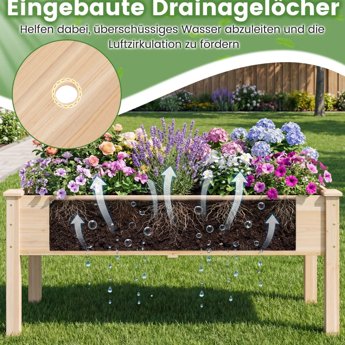 Holz Hochbeet mit Ablauflöchern Pflanzkasten bis 130 kg Rechteckiges Kräuterbeet Anzuchtbeet
