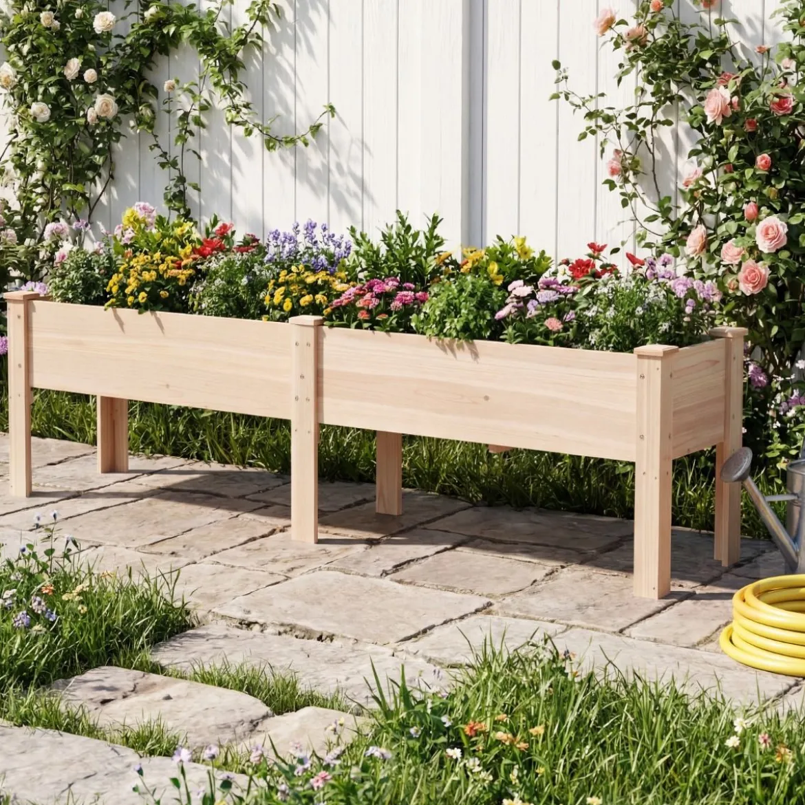 Holz Hochbeet mit Ablauflöchern Pflanzbeet mit 2 Pflanzbereichen Blumenkübel Kräuterbeet Natur