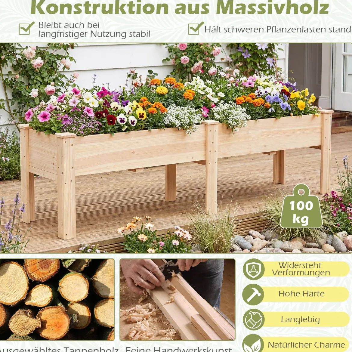 Holz Hochbeet mit Ablauflöchern Pflanzbeet mit 2 Pflanzbereichen Blumenkübel Kräuterbeet Natur