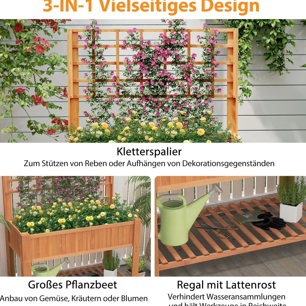 Holz Hochbeet mit Spalier & Ablage Blumenbeet mit Ablauflöchern Gartenbeet Pflanzkasten Braun