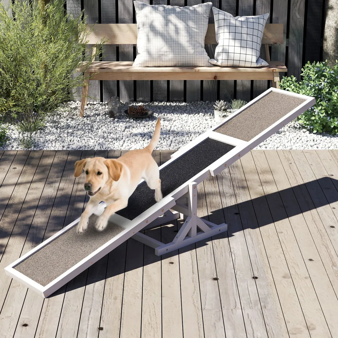 Holz-Hund Agility Wippe Hunde-Übungs- & Spielset Outdoor-Laufspielzeug Kletterplattform Weiß