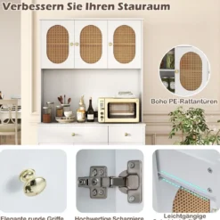 Holz Küchenschrank mit Rattantüren & 2 Steckdosen & 2 USB-Anschlüssen Buffetschrank Weiß