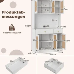Holz Küchenschrank mit Rattantüren & 2 Steckdosen & 2 USB-Anschlüssen Buffetschrank Weiß