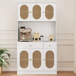 Holz Küchenschrank mit Rattantüren & 2 Steckdosen & 2 USB-Anschlüssen Buffetschrank Weiß