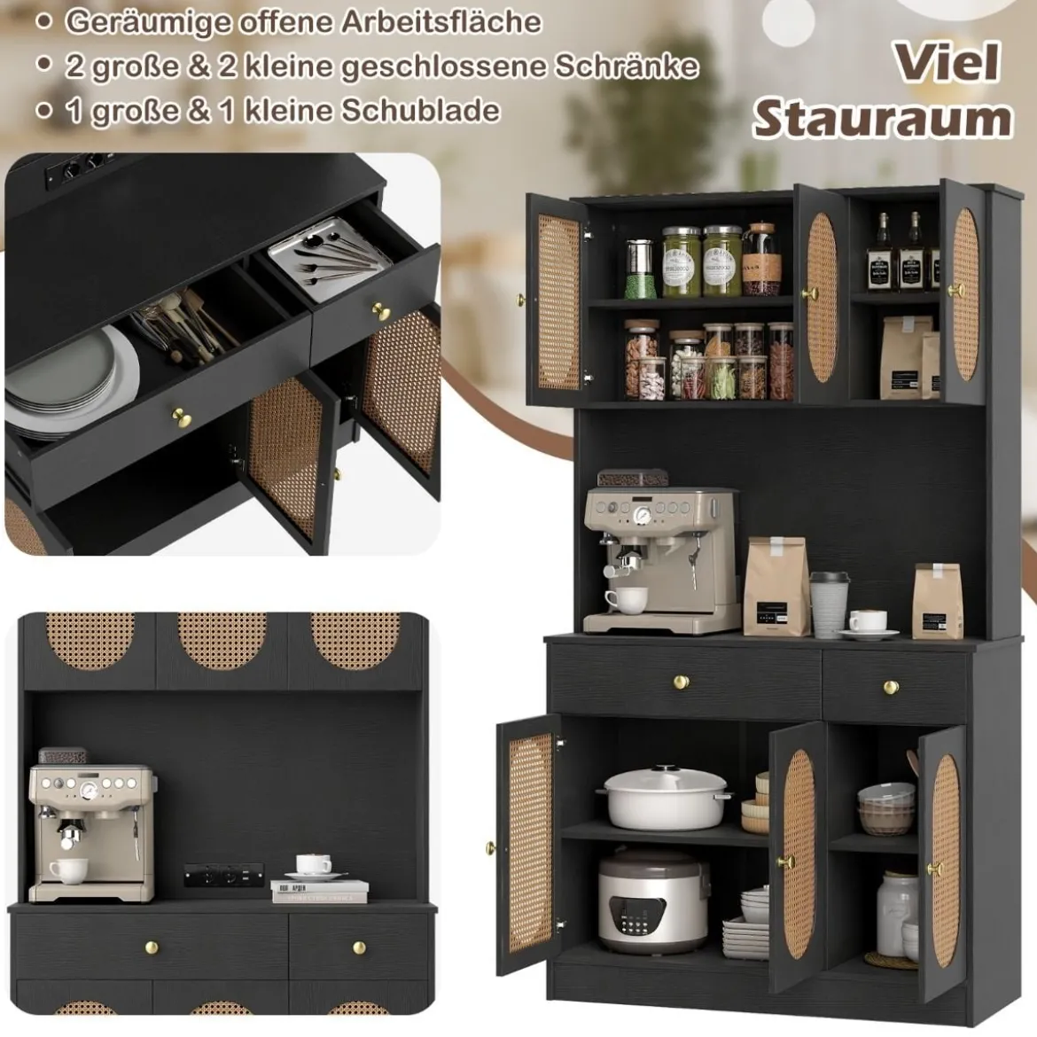 Holz Küchenschrank mit Rattantüren & 2 Steckdosen & 2 USB-Anschlüssen Buffetschrank Schwarz