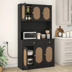 Holz Küchenschrank mit Rattantüren & 2 Steckdosen & 2 USB-Anschlüssen Buffetschrank Schwarz