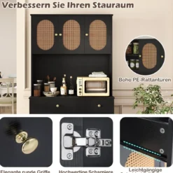 Holz Küchenschrank mit Rattantüren & 2 Steckdosen & 2 USB-Anschlüssen Buffetschrank Schwarz