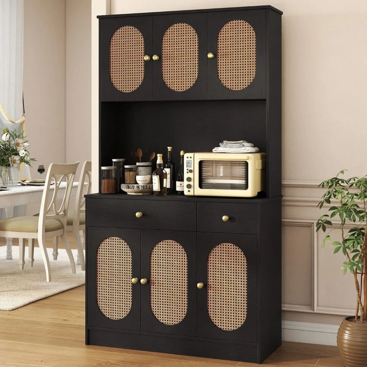 Holz Küchenschrank mit Rattantüren & 2 Steckdosen & 2 USB-Anschlüssen Buffetschrank Schwarz