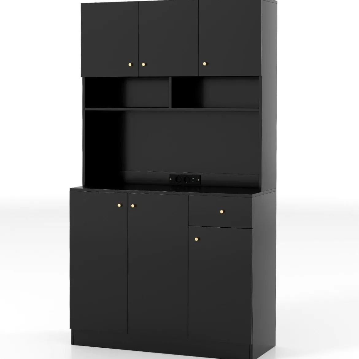 Holz Küchenschrank mit Steckdosen & USB-Anschlüsse & Type C Buffetschrank Hochschrank Schwarz