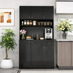 Holz Küchenschrank mit Steckdosen & USB-Anschlüsse & Type C Buffetschrank Hochschrank Schwarz