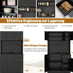 Holz Küchenschrank mit Steckdosen & USB-Anschlüsse & Type C Buffetschrank Hochschrank Schwarz