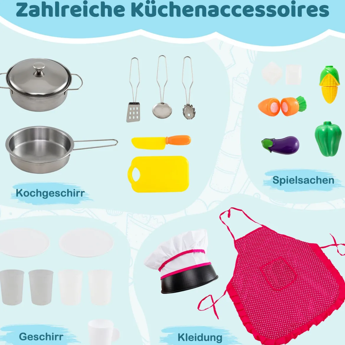 Holz-Küchenspielset mit Licht & Sound große modulare Spielküche und Kühlschrank Grau