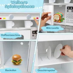 Holz-Küchenspielset mit Licht & Sound große modulare Spielküche und Kühlschrank Grau