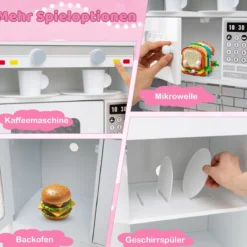 Holz-Küchenspielset mit Licht & Sound große modulare Spielküche und Kühlschrank Rosa