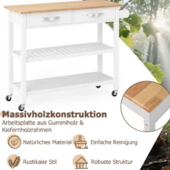 Holz Küchenwagen mit Arbeitsplatte & 2 Schubladen & 2 Offenen Regalen Küchenschrank Weiß