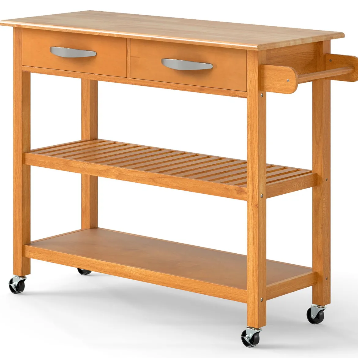 Holz Küchenwagen mit Arbeitsplatte & 2 Schubladen & 2 offenen Regalen & Küchenschrank Natur