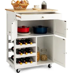 Holz Küchenwagen Servierwagen Küchentrolley mit 3 Weinregalen mit Arbeitsplatte