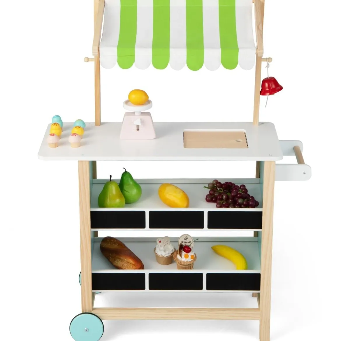 Holz Kinder Eiswagen mit 6 Eiscreme & 2 Ablagen & Waage & Glocke Kaufladen Grün