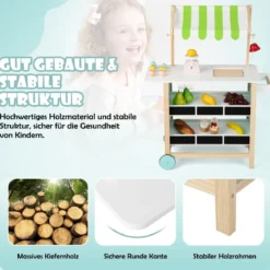 Holz Kinder Eiswagen mit 6 Eiscreme & 2 Ablagen & Waage & Glocke Kaufladen Grün